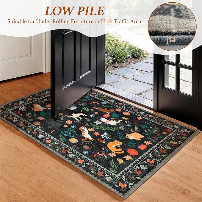 LIANLAM 5x7 Cat Lover's Area Rug, Washable Large Rug with Artistic Feline Design for Living Room & Bedroom, Pet Friendly Non-Slip Soft Carpet, Stain Resistant & Easy Clean(5x7,Black)