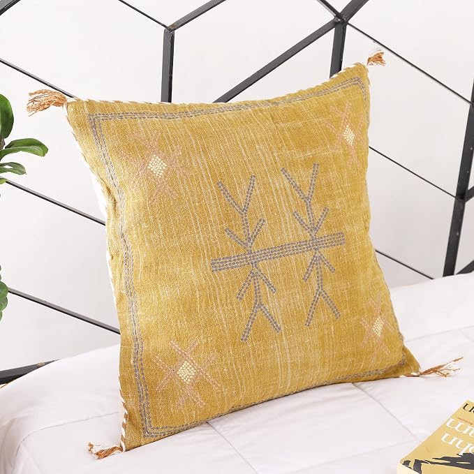 Labhanshi Mustard Color Cactus Silk Pillow, Rustic Throw Pillow, Embroidered Cushion Cover, Linen Cushion, Handmade Sabra Moroccan Decor Pillow 20x20