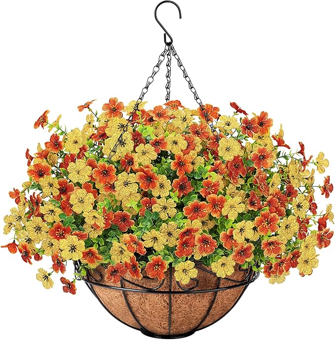 Artificial Fake Hanging Flowers Plants Basket Outdoors, Faux Silk UV Resistant Look Real Daisy Eucalyptus for Spring Summer Garden Porch Home Patio Balcony Yard Decorations, Orange Yellow