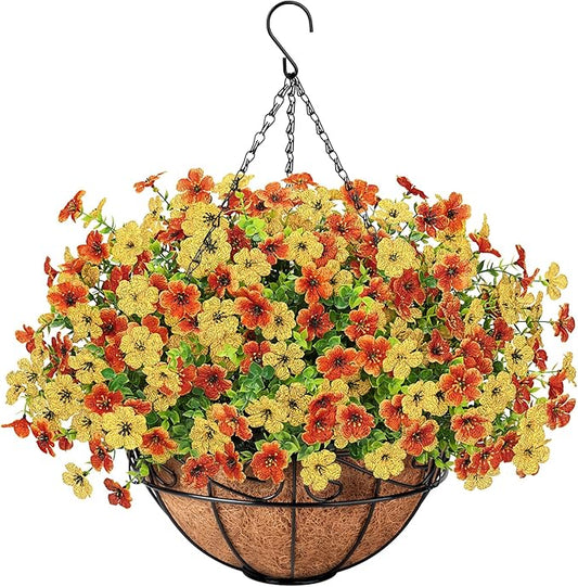 Artificial Fake Hanging Flowers Plants Basket Outdoors, Faux Silk UV Resistant Look Real Daisy Eucalyptus for Spring Summer Garden Porch Home Patio Balcony Yard Decorations, Orange Yellow