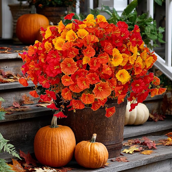 AXYLEX Artificial Fall Flowers Outdoor Fake Mums - 16 Bundles Fake Plants UV Resistant No Fade Faux Plastic Greenery Garden Morning Glory Home Decor (1, MixedFall 4 Colors)