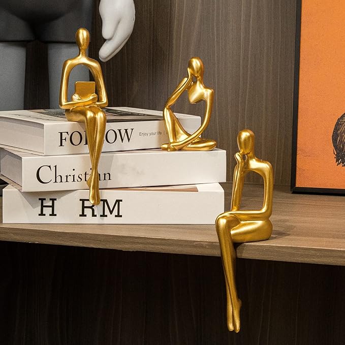 Prettidecor Gold Home Decor Thinker Statue Accents, Set of 3 Thinker Sculptures Office Decor Modern Abstract Resin Decoration on Shelf Table Desk for Living Room Office Bedroom (Large Gold)