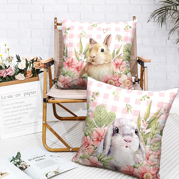 Easter Bunny Pillow Covers 16x16 Set of 2 Spring Floral Decorative Pillowcase Cute Rabbit Cotton Linen Cushion Case Pink Plaid Throw Pillow Covers for Sofa Patio Outdoor