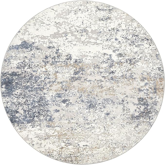 DMOYEST 4ft Round Area Rug Living Room Rugs - 4x4 Washable Large Soft Indoor Neutral Modern Abstract Low Pile Rug Carpet for Bedroom Dining Room Farmhouse Home Office - Beige Blue