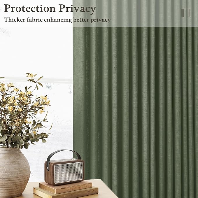 Pinch Pleated Olive Green Linen Curtains 84 Inches Long 2 Panels Set for Living Room Bedroom Dining Pinch Pleat Back Tab Light Filtering Farmhouse Boho Dark Green Loden Window Curtain Drapes W50xL84
