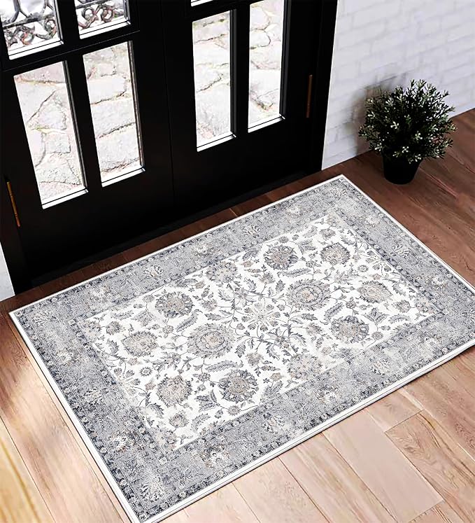 CHAMPLANT Area Rug 2x3 Washable Rug Door Mat Vintage Distressed Doormat Indoor Entrance Traditional Thin Floral Print Non Slip Carpet for Kitchen Bathroom Bedroom Living Room