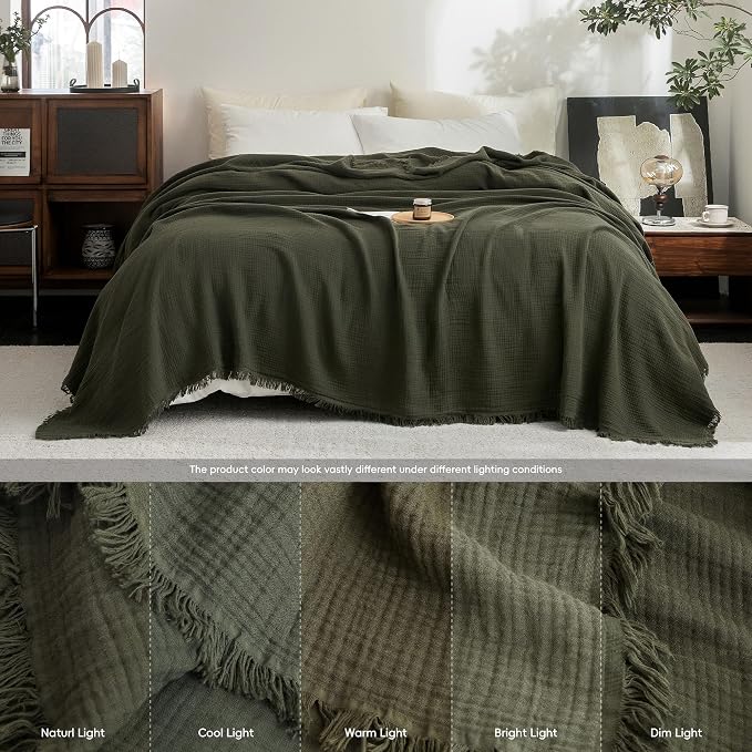 FOSSA Muslin Blanket 4-Layer 100% Cotton Gauze Blanket with Fringe 50"x60" | Super Soft Breathable Lightweight All Season & Decorative Blanket or Bed, Sofa, Office (Olive Green,Throw)