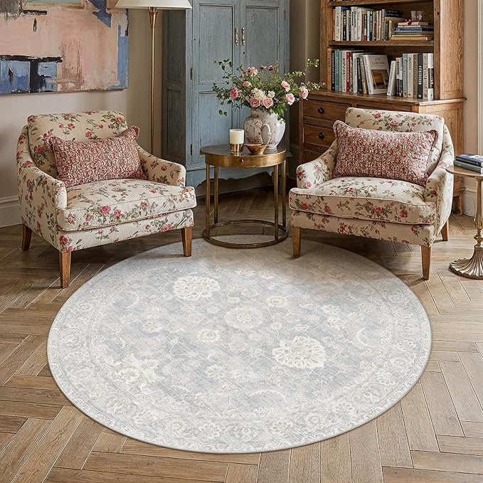 8x8 Blue Cream Washable Round Rug for Living Room Bedroom Neutral Floral Soft Non Slip Circle Rug Low Pile Distressed Carpet for Dining Room Nursery Office Indoor