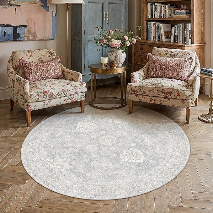 5x5 Blue Cream Washable Round Rug for Living Room Bedroom Neutral Floral Soft Non Slip Circle Rug Low Pile Distressed Carpet for Dining Room Nursery Office Indoor