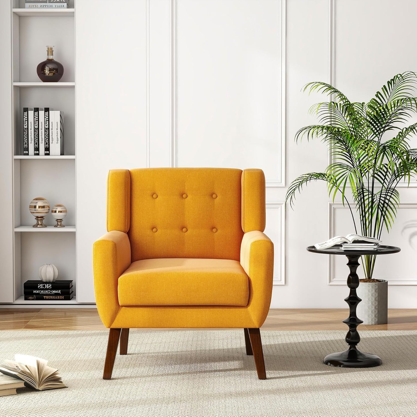 UIXE Accent Chair, Modern Upholstered Armchair in Fabric for Living Room, Comfy Club Arm Chairs Single Sofa Button Tufted Bedroom Reading Seat - Orange, Set of 4