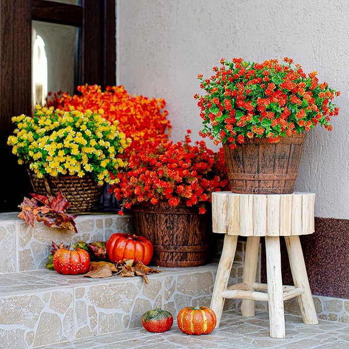 AXYLEX Artificial Fall Flowers Outdoor Fake Mums - 12 Bundles Fake Plants UV Resistant No Fade Faux Plastic Greenery Garden Porch Patio Fall Home Decor (Red Orange)