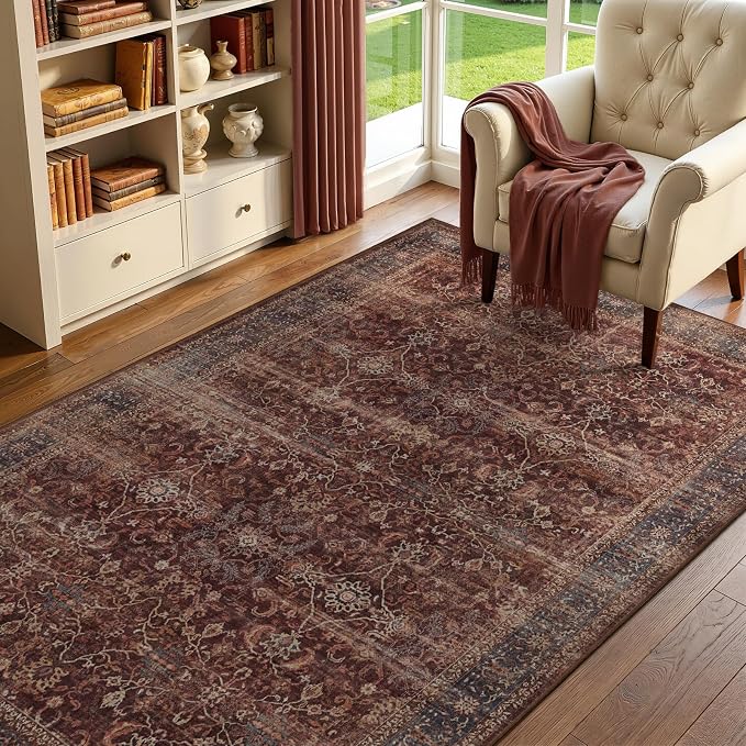Brick Red 4x6 Washable Rug, Small Area Rugs Non Slip for Entryway Kitchen Bathroom, Vintage Farmhouse Low Pile Thin Print Throw Carpet for Foyer/Nursery/Home Office/Living Room/Bedside
