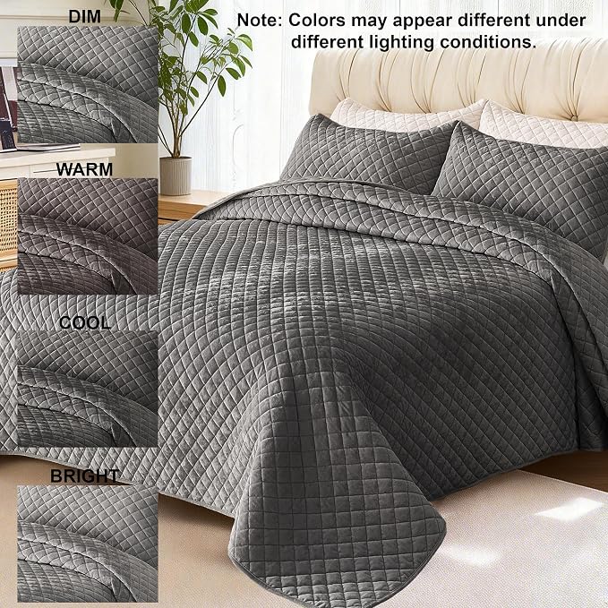 Velvet California King Quilt Size Set 106x118 Luxury Soft Bedspread Coverlet 3-Piece King Comforter Sets with 2 Pillow Shams 20x36 Super Cozy for All Seasons Velvet Bedding Set, Gray