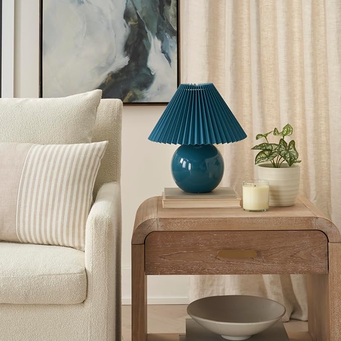 Nourison Home 13" Blue Ceramic Round Lamp with Pleated Shade for Bedroom, Living Room, Console, Entryway