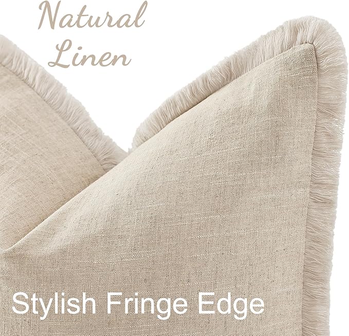decorUhome Summer Decorative Neutral Linen Fringe Euro Sham Throw Pillow Covers Set of 2 Natural Beige Pillow Covers with Tassels Soft Farmhouse Boho Accent Pillow Cases for Couch Bed Sofa 24x24 Inch