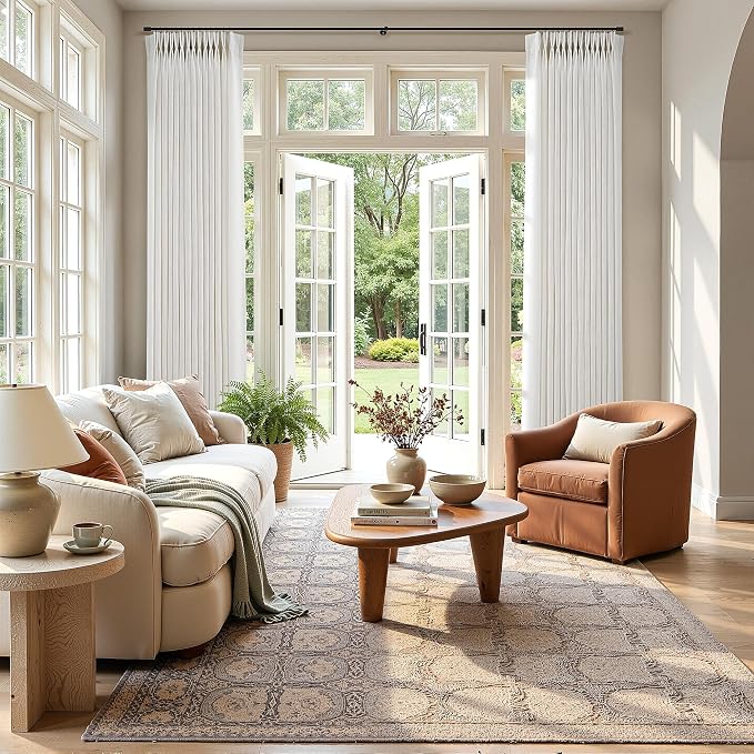 Extra Long Pinch Pleated Linen Curtains 120 Inches Long for Living Room Natural Cream Ivory Beige Light Filtering Pinch Pleat Curtain for Big Large Windows Back Tab Back Tab with Hooks Clip Rings Set