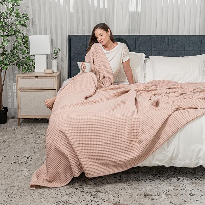 Comfy Cubs Waffle Blanket Twin, 90" x 66" - 100% Cotton Lightweight Breathable Bed Blanket - Soft Textured Thermal Weave for All Seasons – Decorative Cozy Layer for Couch, Sofa, or Bed - Blush