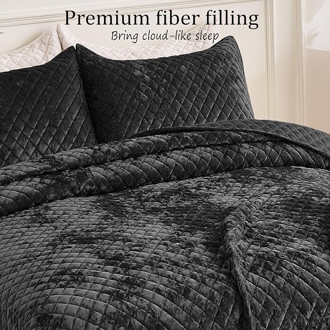 Velvet Oversized King Quilt Size Set 120x120 Luxury Ultra Soft Bedspread Coverlet 3-Piece King Comforter Sets with 2 Pillow Shams 20x36 Cozy All Seasons Velvet Bedding Set, Black