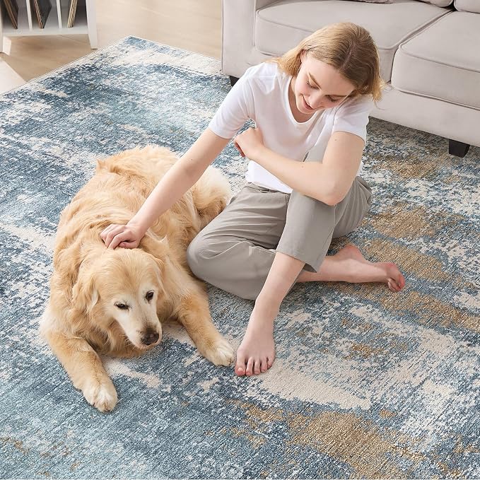 DMOYEST Area Rug Living Room Rugs - 6x9 Washable Soft Indoor Neutral Modern Abstract Low Pile Rug Carpet for Bedroom Dining Room Farmhouse Home Office - Blue Brown