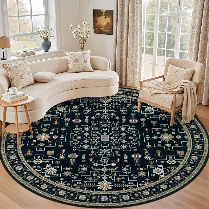 Round Area Rug for Living Room: 4 ft Washable Vintage Boho Soft Thin Circle Rug Indoor Floor No Slip Stain Resistant Carpet for Bedroom Dining Room Farmhouse Nursery Home Office - Black
