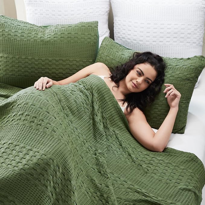 VHC Brands 100% Cotton Waffle Weave Queen Blanket 90"x90", Decorative Lightweight Spring and Summer Throw Blanket, Bedroom Decor for Bed, Couch, or Sofa, Olive Green