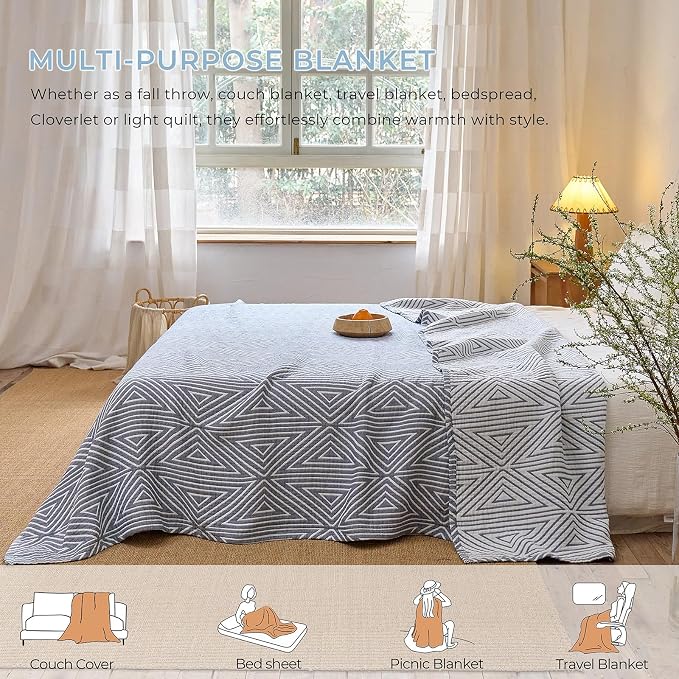 Muslin Blanket,100% Cotton Reversible 4-Layer Geometric Quilt, Soft Throw Blanket for Twin Size Bedspread Sofa Room Decor, Gifts for Women,Men, 60"×80", Blue
