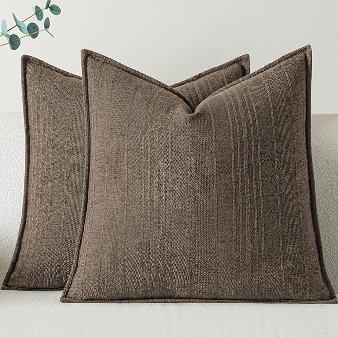 a moment Linen Pillow Covers Set of 2,Boho Farmhouse Throw Pillowcases Neutral Textured Decorative Covers for Couch Sofa,Soft Linen Blend Accent Case Cushion Home Decor 22"x22"Coco Brown