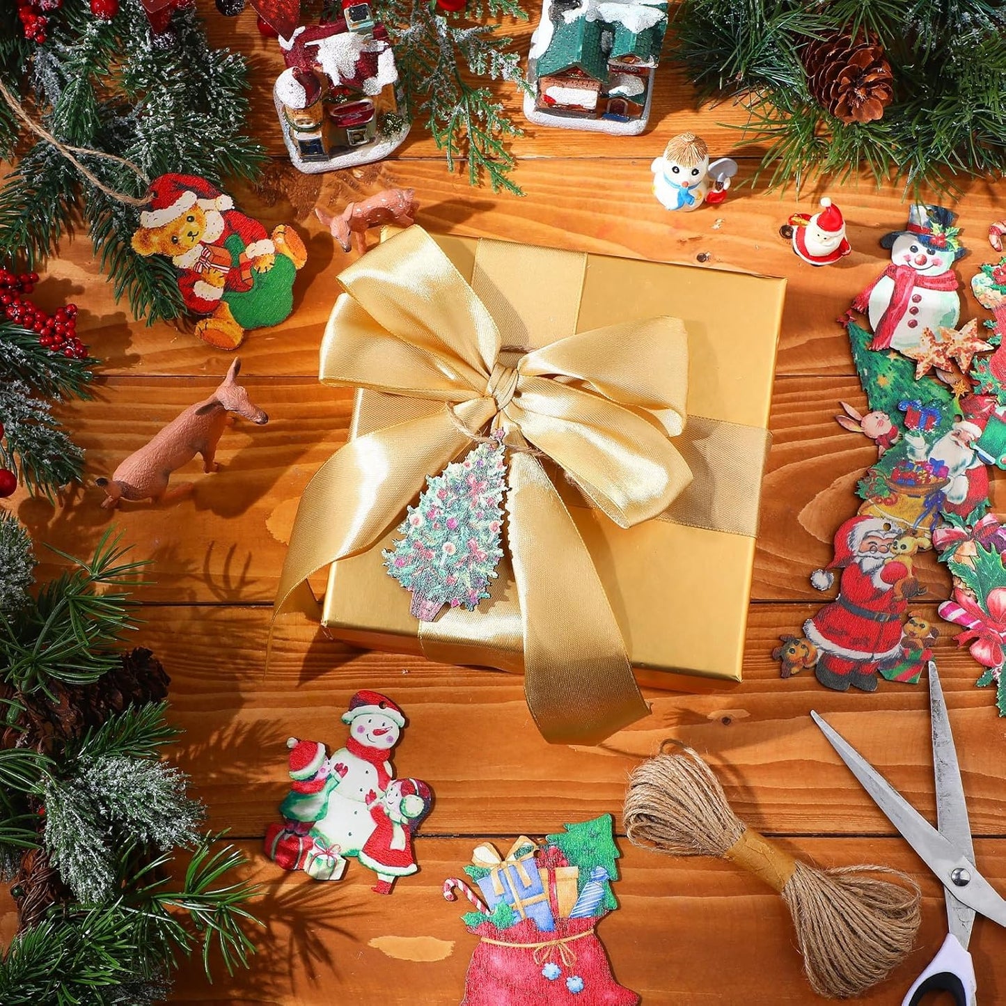 Victorian Style Wood Ornaments - 48 Pcs Christmas Decorations Hanging Santa Claus Snowman Retro Wooden Ornament