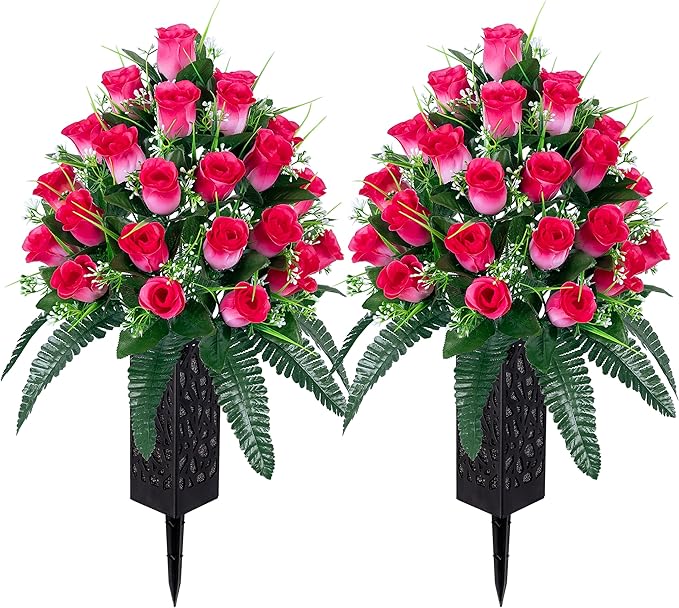 LVXINLI 2 Sets Artificial Cemetery Flowers,Outdoor Grave Decorations Roses,Beautiful Arrangements Bouquet with Cemetery Vase,Lasting and Non-Bleed Colors (Pink)