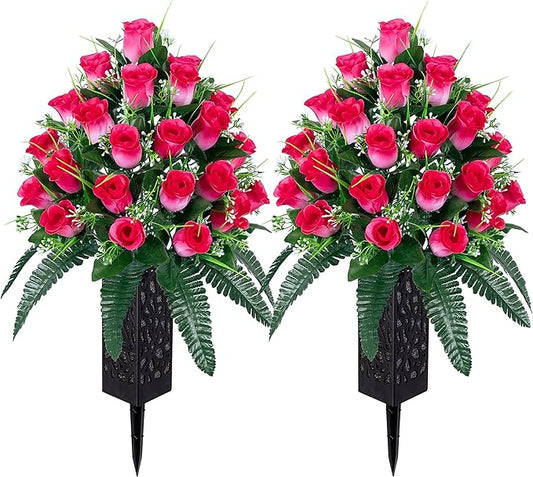 LVXINLI 2 Sets Artificial Cemetery Flowers,Outdoor Grave Decorations Roses,Beautiful Arrangements Bouquet with Cemetery Vase,Lasting and Non-Bleed Colors (Pink)