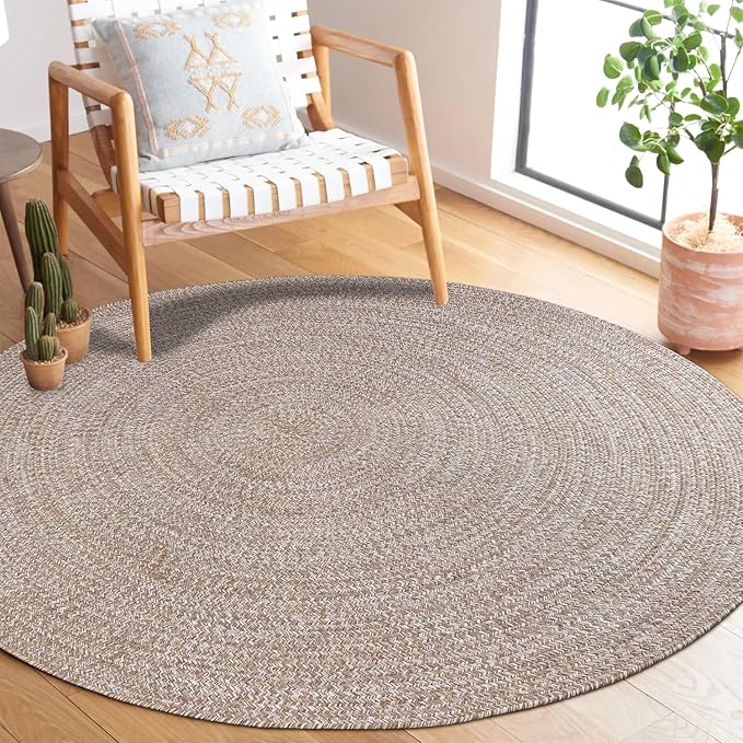 SUPERIOR Indoor/Outdoor Area Rug, Dual-Tone Reversible Braided Floor Decor for Patio, Front Porch, Entryway, Living Room, Office, Nursery, Artistic Home, 4' Round, Latte-White