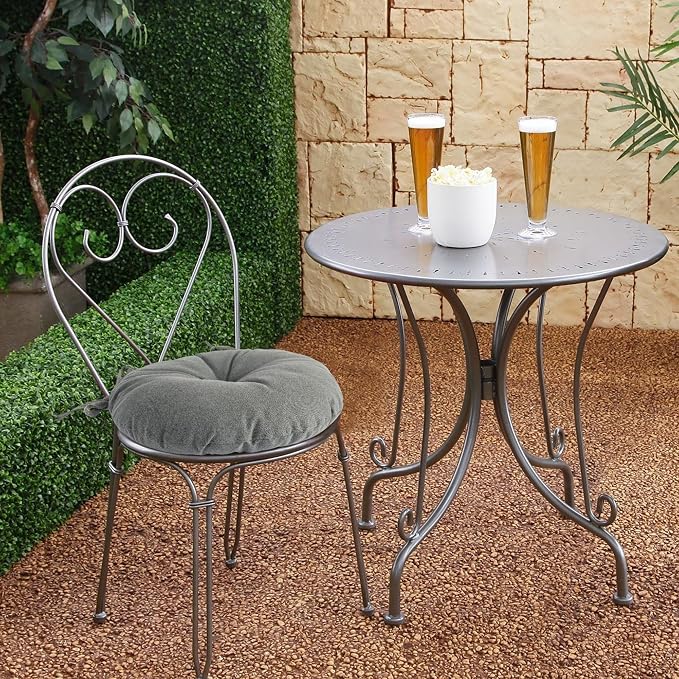 Magpie Fabrics Outdoor 15"x15"x4" Round Bistro Seat Cushions with Ties Set of 2, Tufted Waterproof Patio Floor Chair Pads for Home Garden Balcony Kitchen Office Porch, Dark Grey