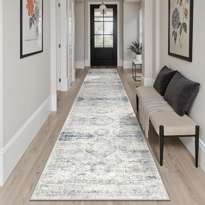 Soalmost Runner Rug 2x12 Washable Non-Slip Hallway Runner Rugs for Kitchen Bathroom Laundry Room Blue Ivory Vintage Floor Carpet Runners for Hallways Entryway