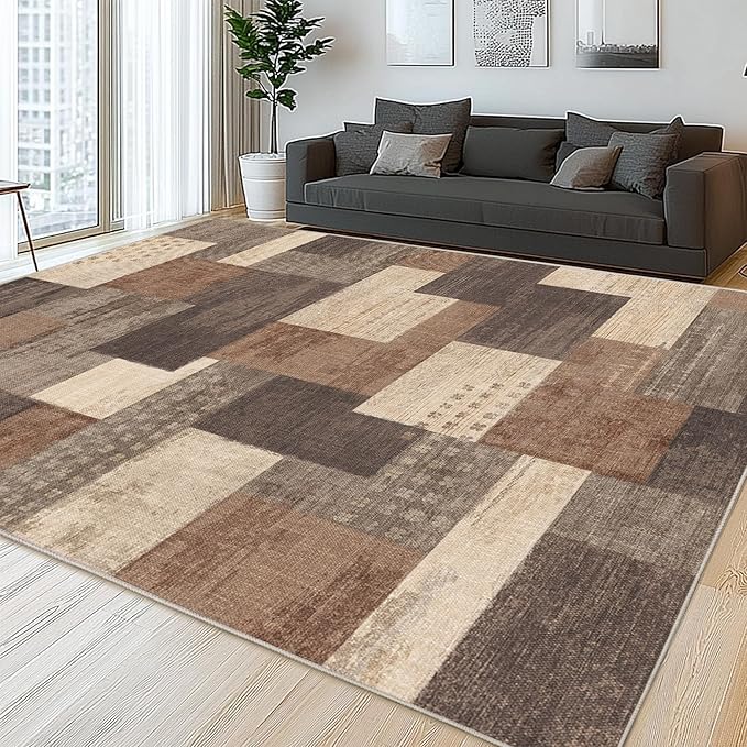 Modern Geometric Patchwork Indoor Area Rug for Living Room, Beige 10'x 14' Large Rug Rockwood Collection Hardwood Floors Decor for Bedroom, Beige Throw Carpet for Office Entryway Dining Room