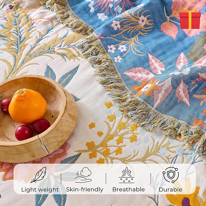 Boho Throw Blanket for Home Decor,Ultra Soft Summer Rustic Classic Quilt,100% Cotton Muslin Blankets for Adults, Reversible Woven Decorative Blanket for Bed Layering Use, Colorful Floral, 60"x80"
