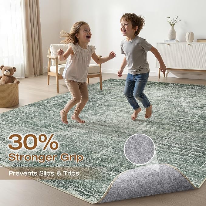 6x9 Area Rugs Living Room: Washable Large Neutral Rug Abstract Soft Modern Stain Resistant Indoor Floor Non-Slip Carpet for Bedroom Nursery Kids Office Playroom Dining Room Under Table- Dark Green