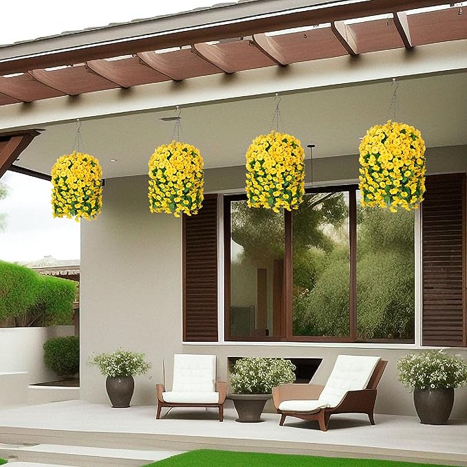 Ammyoo Artificial Faux Hanging Flowers Basket for Spring Summer Outdoor Porch Decor, Fake Silk Colorful Morning Glory Eucalyptus in Planter UV Resistant Look Real for Home Balcony Yard(Yellow)