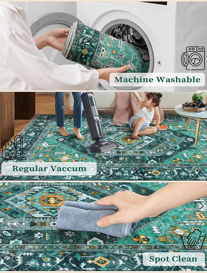 SERISSA Runner Rug for Hallways, 2'6"x18' Washable Non Slip Kitchen Runner Rug, Extra Long Boho Rug Ultra Soft Vintage Teal Print Floor Carpet for Bedroom Hallway Entryway Bathroom Laundry Room