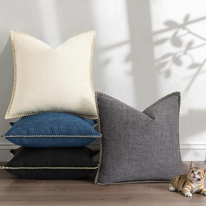 decorUhome Summer Decorative Throw Pillow Covers 22x22 Set of 2 Faux Linen Farmhouse Euro Sham Pillow Covers with Stitched Edge Outdoor Neutral Pillow Covers for Couch Sofa Living Room, Dark Grey