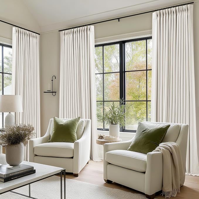 Ivory Beige Pleated 100% Blackout Linen Curtains 90 Inches Long for Bedroom Living Room Memory Trained Pinch Pleat Back Tab Black Out Thermal Noise Blocking Double Layer Windows Drapes 2 Panels Set