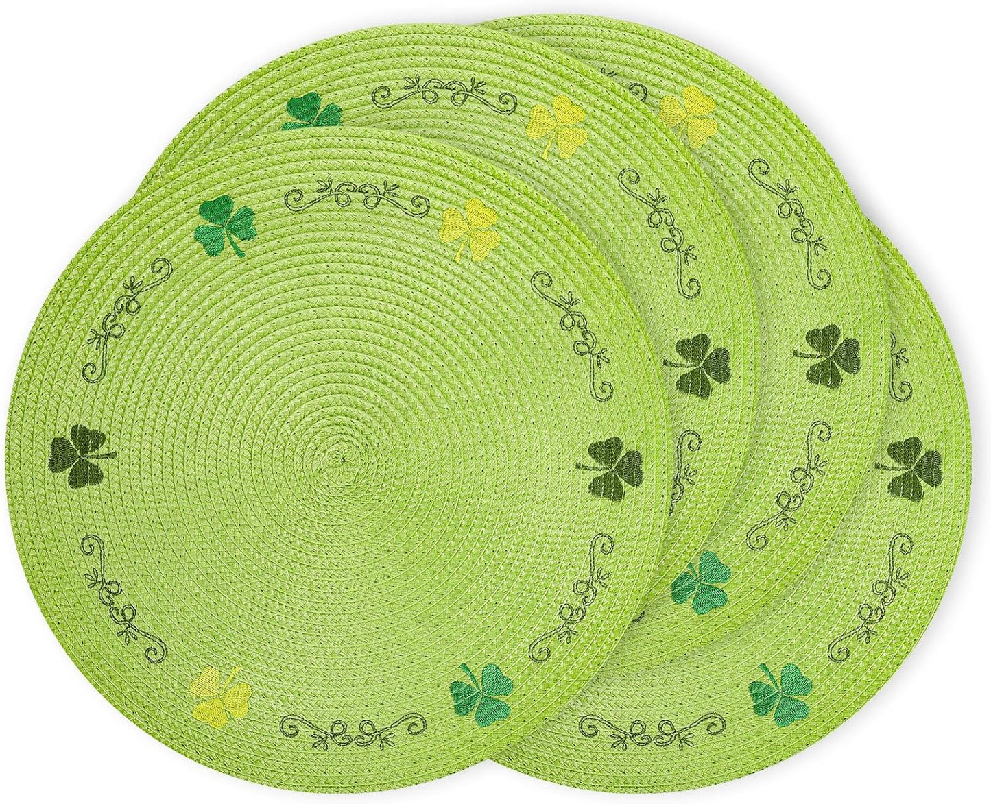 Whaline 4Pcs Round St. Patrick's Day Placemats Embroidered Shamrock Place Mats Green Clover Dinner Table Mats for Home Spring Irish Holiday Birthday Party Decor