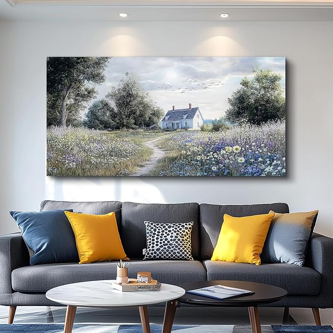 KELIYUAN Wall Art For Living Room Large Wall Decor Canvas Painting Retro Pastoral Flower Sea Landscape Painting Farmhouse Office Bedroom Artwork Picture For Print For Home Decoration 24x48 Inches