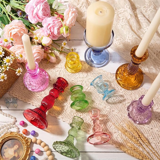 Mumufy 10 Pcs Glass Crystal Taper Candle Holders Clear Glass Candlestick Holder Fit 0.8 Inch Candles Crystal Decorative Candle Stand Centerpiece Table Wedding Dining Party (Classic,Colorful)