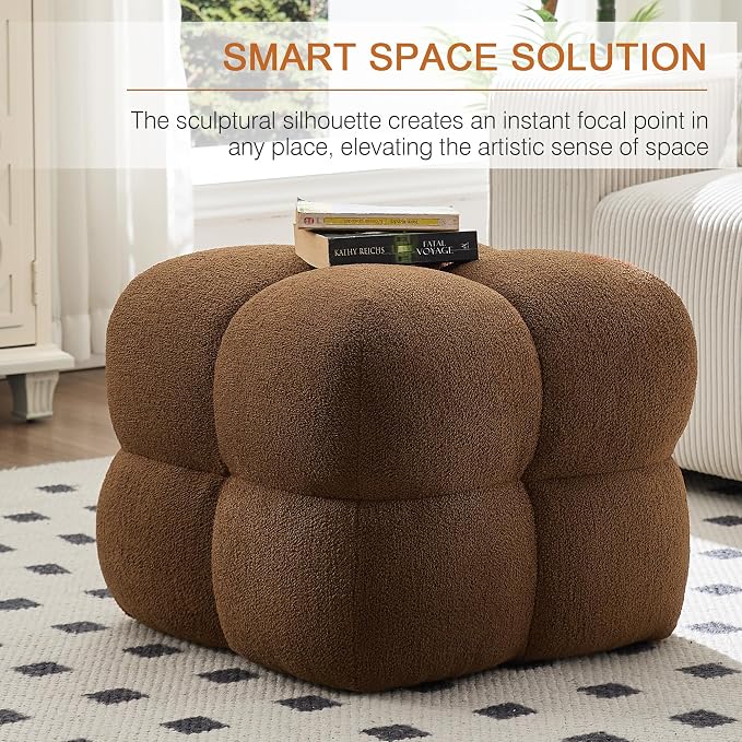 Zesthouse Square Pouf Ottomans Footstool Set of 2, Upholstered Poofy Ottoman for Couch Sofa, Modern Ottoman Coffee Table for Living Room, Rust Brown Boucle Fabric Stool Foot Rest, Cute Vanity Chair