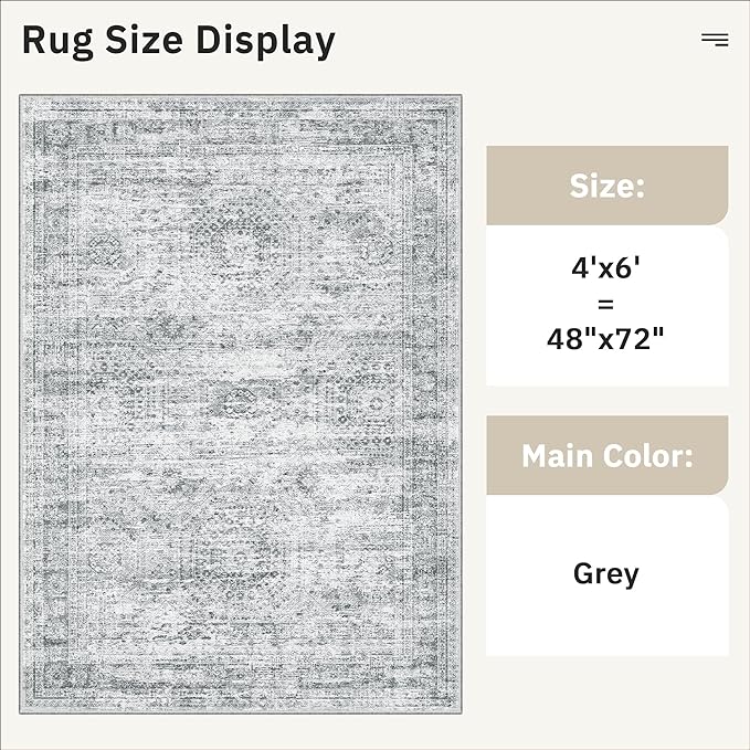 Soalmost Area Rugs 4x6 for Living Room, Vintage Washable Rugs for Dining Room, Kitchen, Non-Slip Area Rug Grey