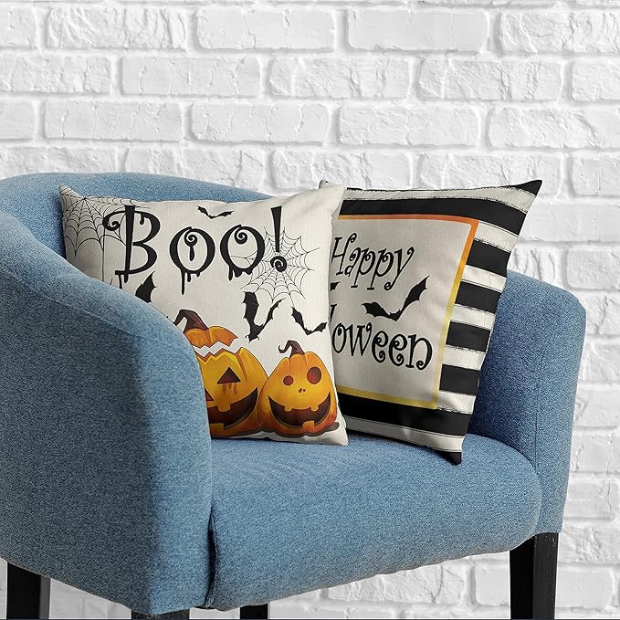 Halloween Pumpkin Bat Spider Web Pillow Covers 24x24 Modern Halloween Decor Throw Pillow Covers Black and White Striped Pillow Case for Living Room Party Outdoor Set of 2