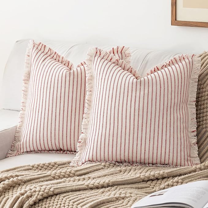YEENAASY Throw Pillow Covers 22x22 Set of 2 Striped Fringe Pillow Cover Farmhouse Cushion Covers with Tassel Neutral Boho Pillows Decorative Square Pillowcase for Couch Sofa Bed, Red