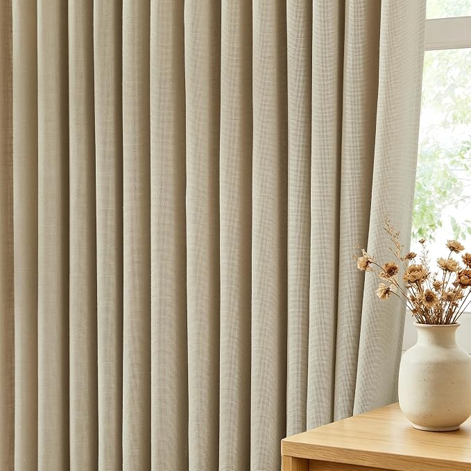 Oatmeal Tan Pinch Pleated Linen Curtains 96 inches Long 2 Panels for Living Room Patio Door Light Filtering Triple Pinch Pleat Curtain 96 Length Memory Trained Rustic FarmhouseNeutral Drapes 8 ft