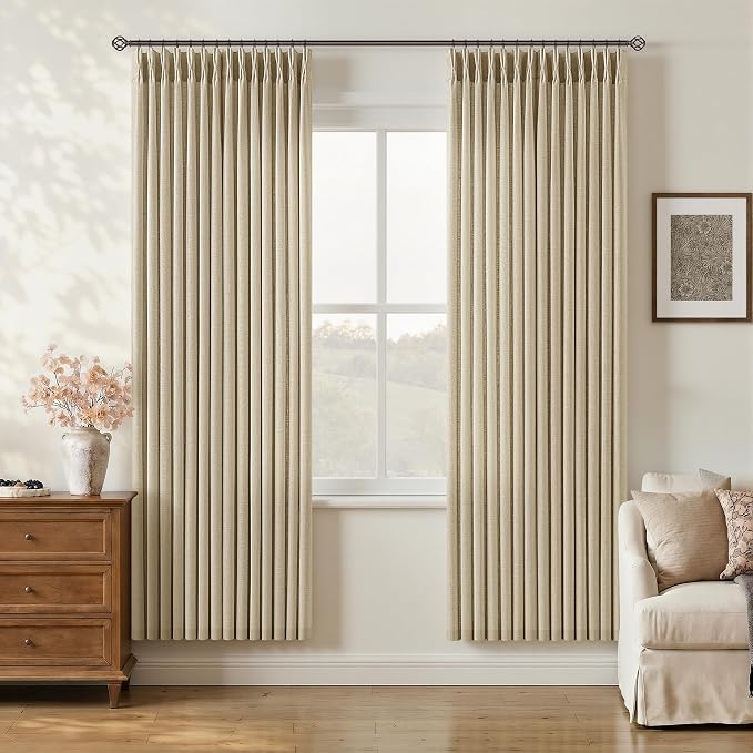72 Inch Pinch Pleated Linen Curtains for Dining Room Bedroom Neutral Light Filtering Privacy Short Pleat Curtain with Hooks Rings Oatmeal Beige Back Tab Drapes for Cabin Closet 72 Inches Long 2 Panels