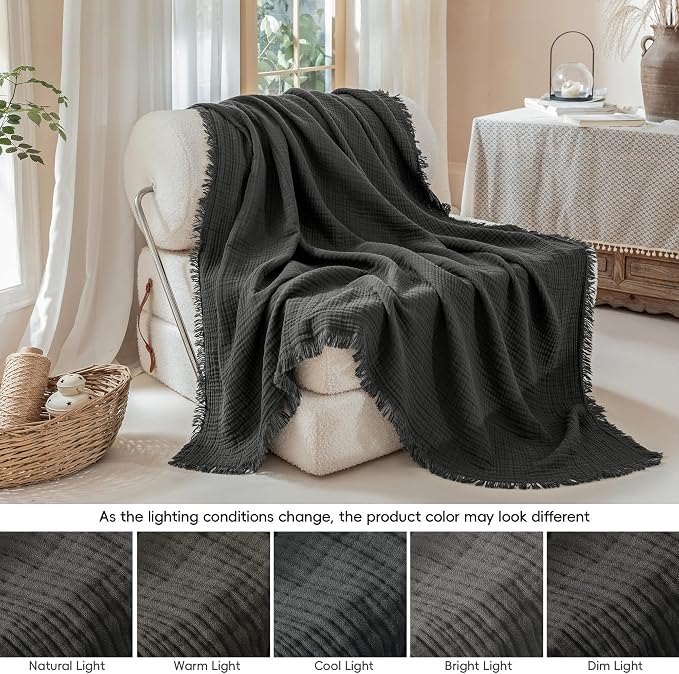 Muslin Fringe Blankets for Adults: 100% Cotton Cloud Soft | 4-Layer Gauze Breathable Lightweight All Season Throw Blanket for Bed Couch Sofa Office